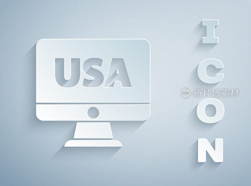 Paper cut USA United states of america on monitor icon isolated on grey background. Paper art style. Vector